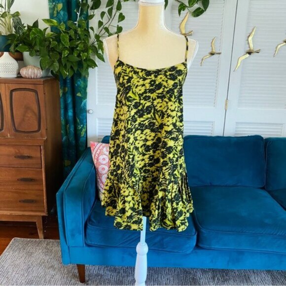 Urban Outfitters | Camille Mini Frock Dress Yellow Green Digitized Floral Medium - Picture 7 of 16